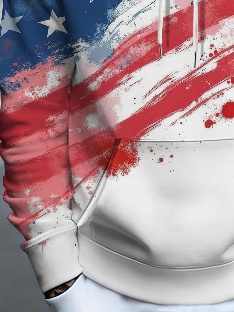Men'S Stylish Long-Sleeve Hoodie Featuring Trendy Print Designs with American Flag Watercolor Style Elements. The Fabric Is Soft, Comfortable, And