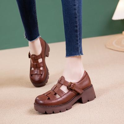 The First Layer of Cowhide Women's Shoes 2025 Summer New Hollow British Style Retro Leather Muffin Thick-soled Roman Sandals Women
