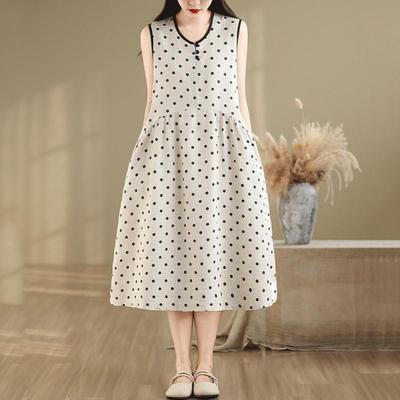 Vestido largo de verano casual holgado de lino de algodón de talla grande sin mangas con lunares vintage nuevo en vestidos para mujer