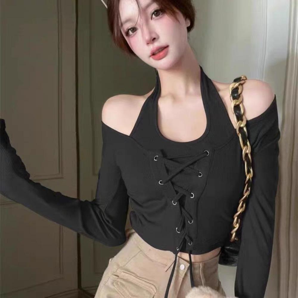 

Чистое желание повесить на шею поясной ремень Шикарный топ с длинными рукавами в стиле «два в одном» Женская атмосфера Короткая и уникальная футболка XL зелёный