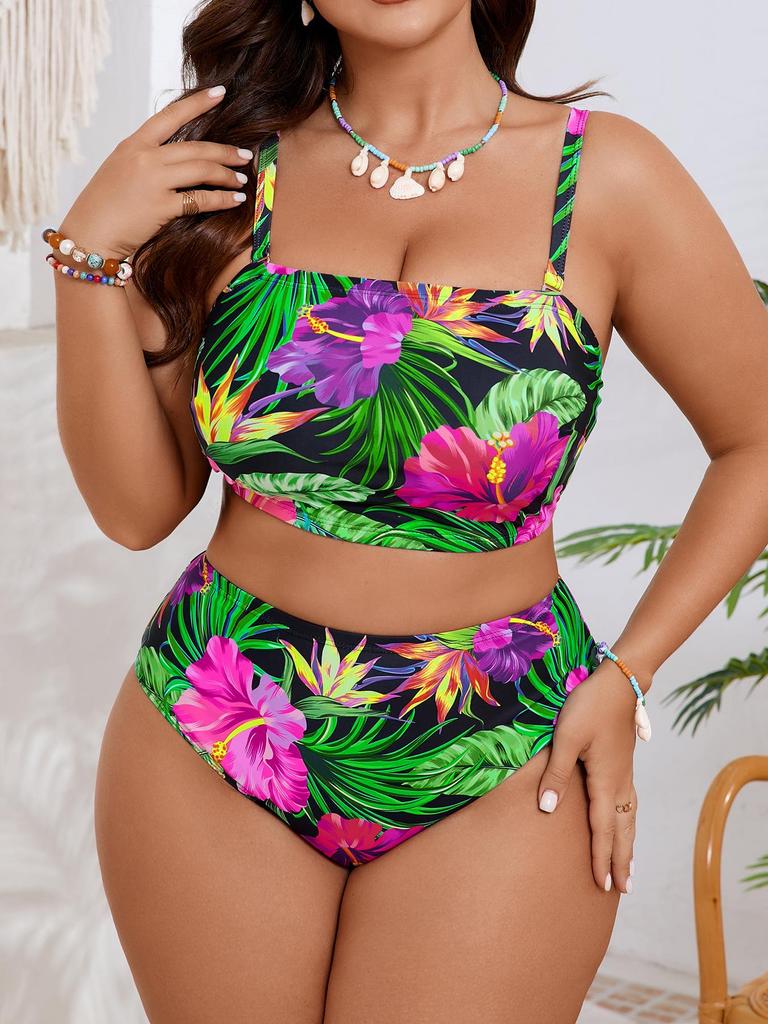 2026 Plus Size Floral Two-Piece Bikini with Removable Straps for Women