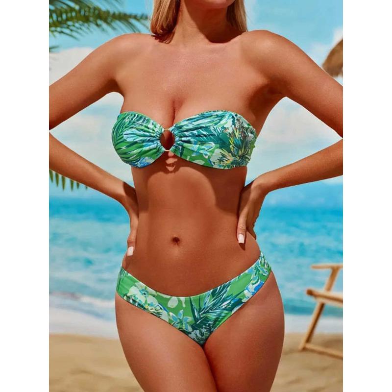 European and American New Split Swimsuit Women s Tube Top Printed Lace-up Sexy Bikini Swimsuit S