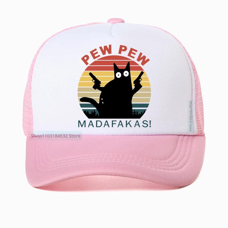 

Pew Pew Madafakas Adult Mesh Trucker Hats cartoon Double Gun Cat Funny Baseball cap Unisex Women Snapback hat Adjustable