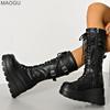 Women's Chunky Sole Belt Buckle Platform Punk Motorcycle Boots Black Anti-slip Street Style Mid-Calf Boots Size35-42 Botas Mujer