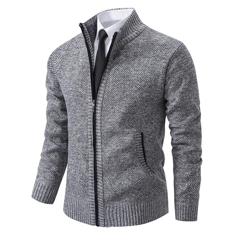 Men's Autumn/Winter Stand-Up Collar Zipper Cardigan Jacket with Velvet Knit