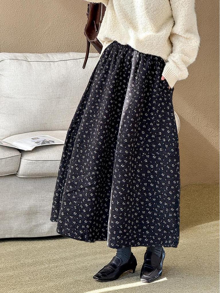 Youge Retro Floral Woolen Mid-Length Skirt with Elastic Waist 860
