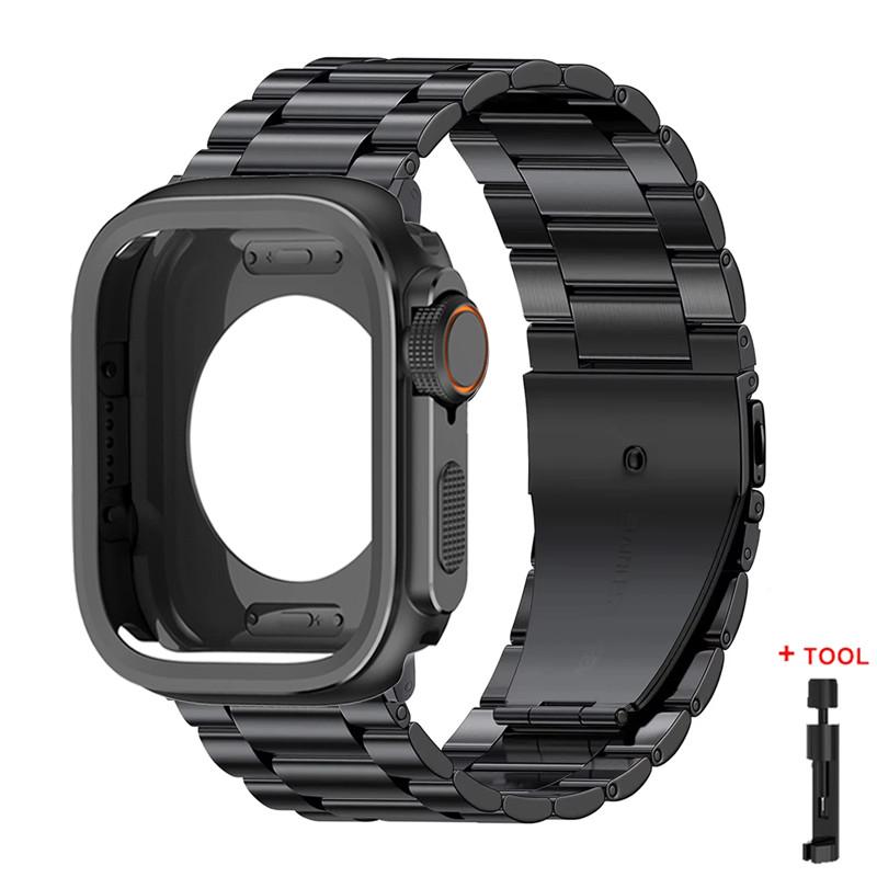 Alloy Case+Stainless Steel Strap For Apple Watch Ultra 2 1 49mm 46mm 45mm 44mm Hollow Out Protective Cover For Iwatch 10 9 8 7 6