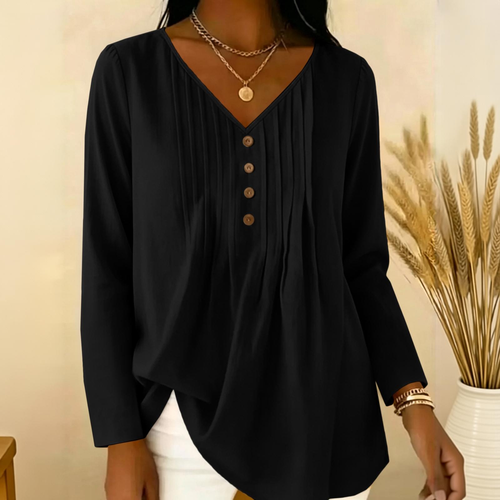 Women s Long Sleeve V-Neck Pleated Blouse, Casual Tunic Top for Work L чёрный