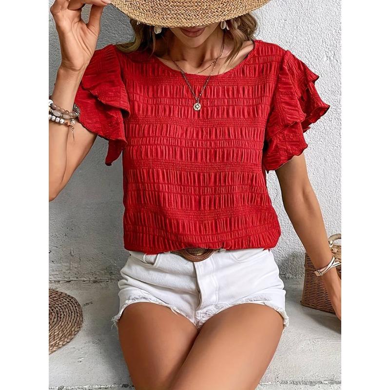 Women's Textured Ruffle Short Sleeve Blouse Summer Crew Neck Tops Dressy Casual Loose Fit Tee Shirts Beach Clothes