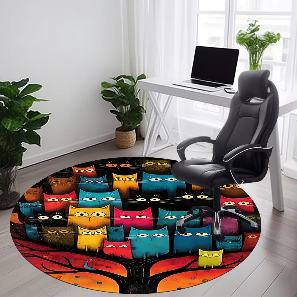 1pc Colorful Cats Office Round Area Rug, Indoor Mat Suitable ForOffice, Under Office Chairs Bedroom Living Room Home Decor, D125