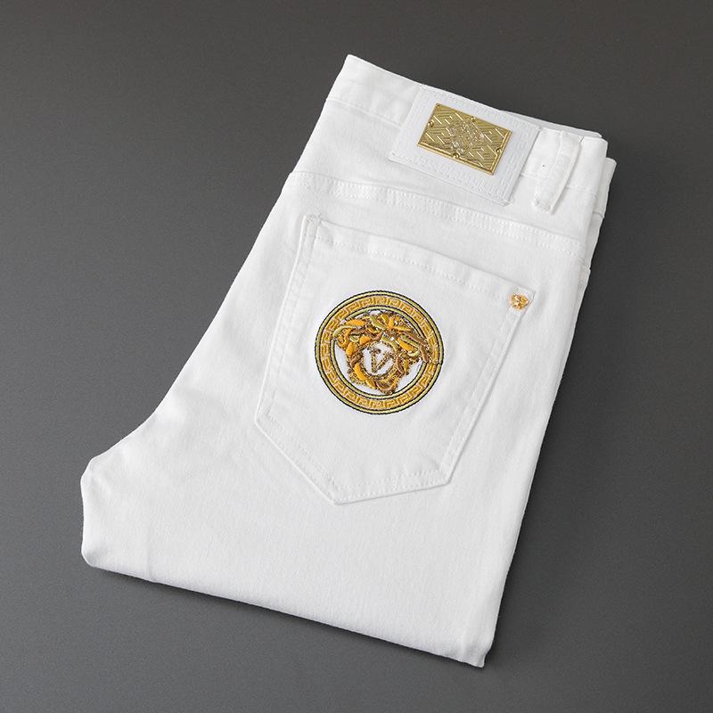 Men's Slim Straight Stretch Jeans with Gold Embroidery - Spring/Autumn Collection
