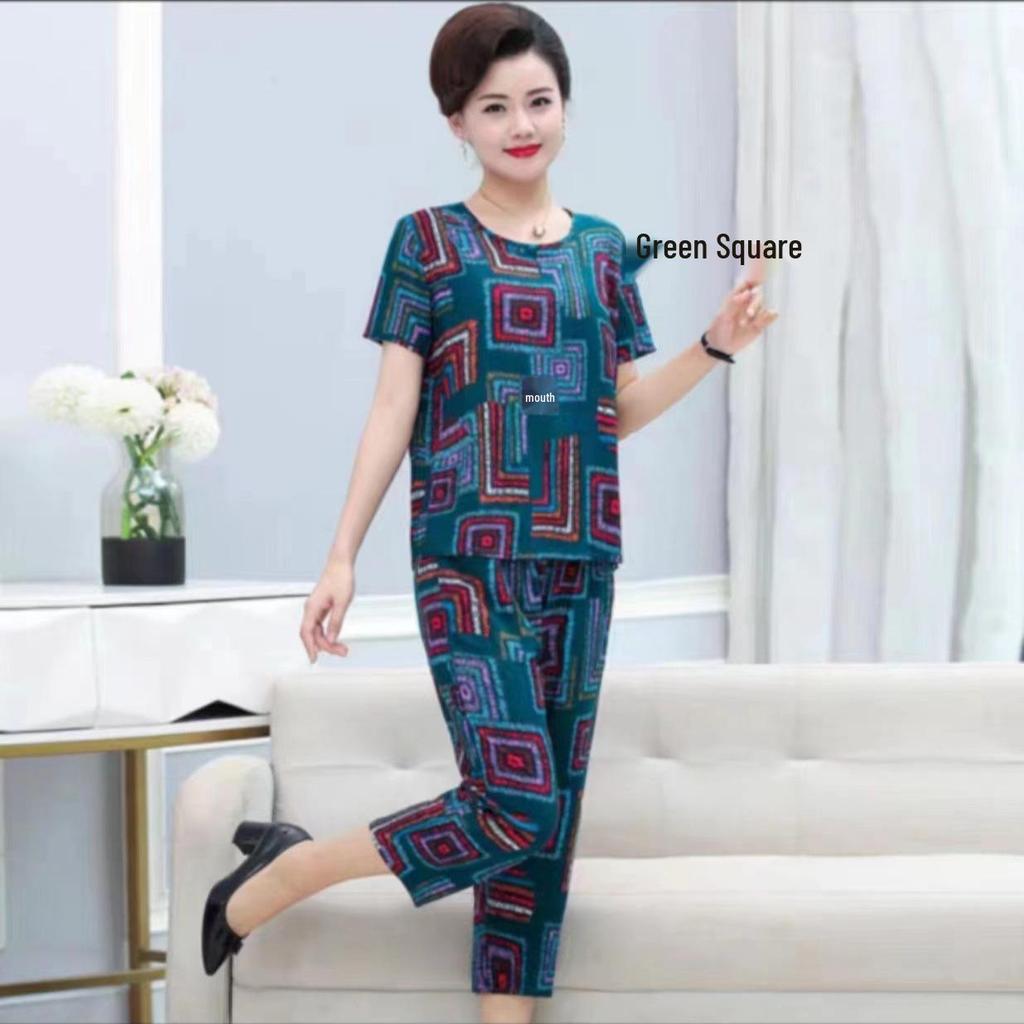 Women's Plus Size Ice Silk Pajama Set: Casual Short Sleeve Two-Piece for Middle-aged and Elderly Moms