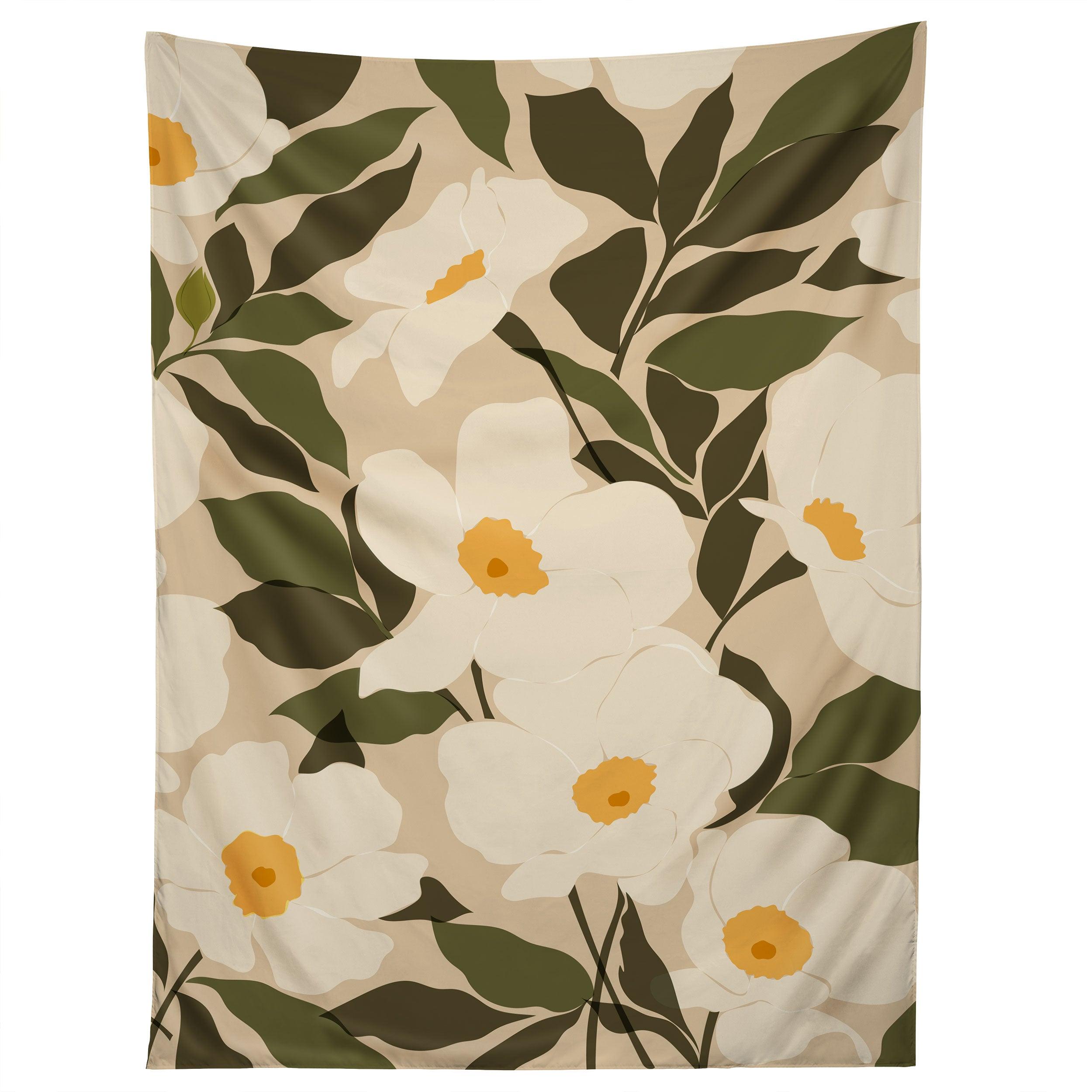 ABSTRACT WHITE WILD ROSES tapestry 75x100