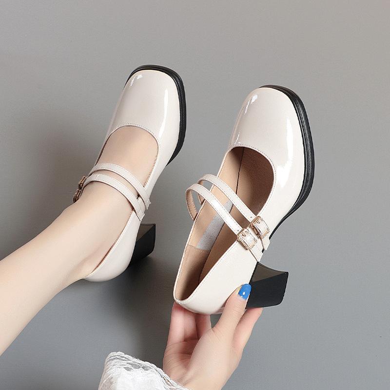 Autumn Cowhide Patent Leather Women High Heeled Shoes Fashion Elegant Trend Shoes Black White Non-slip Thick Heels Gentle Simple