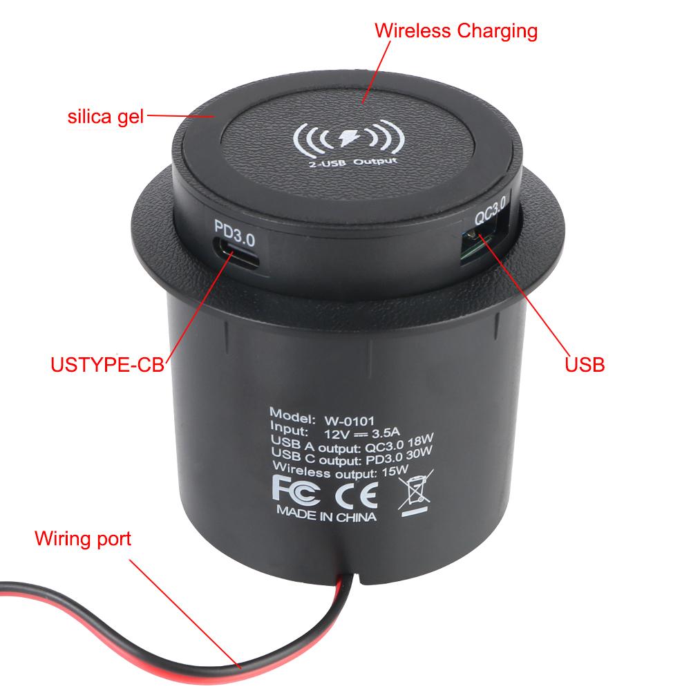 15W For Camper Truck ATV Boat Car RV Quick Charge PD 3.0 USB Type-C Embedded Wireless Charger Outlet Socket Car Charger