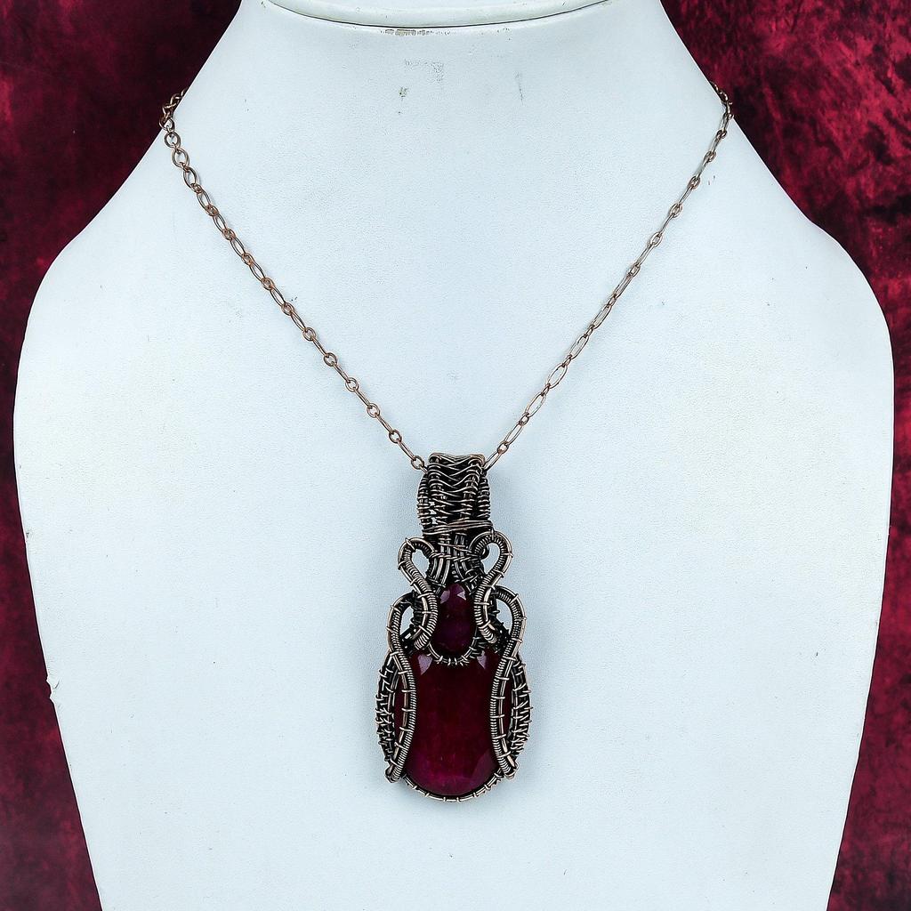 Faceted Kashmir Ruby Real Gemstone Pendant Copper Wire Wrapped Handmade Jewelry