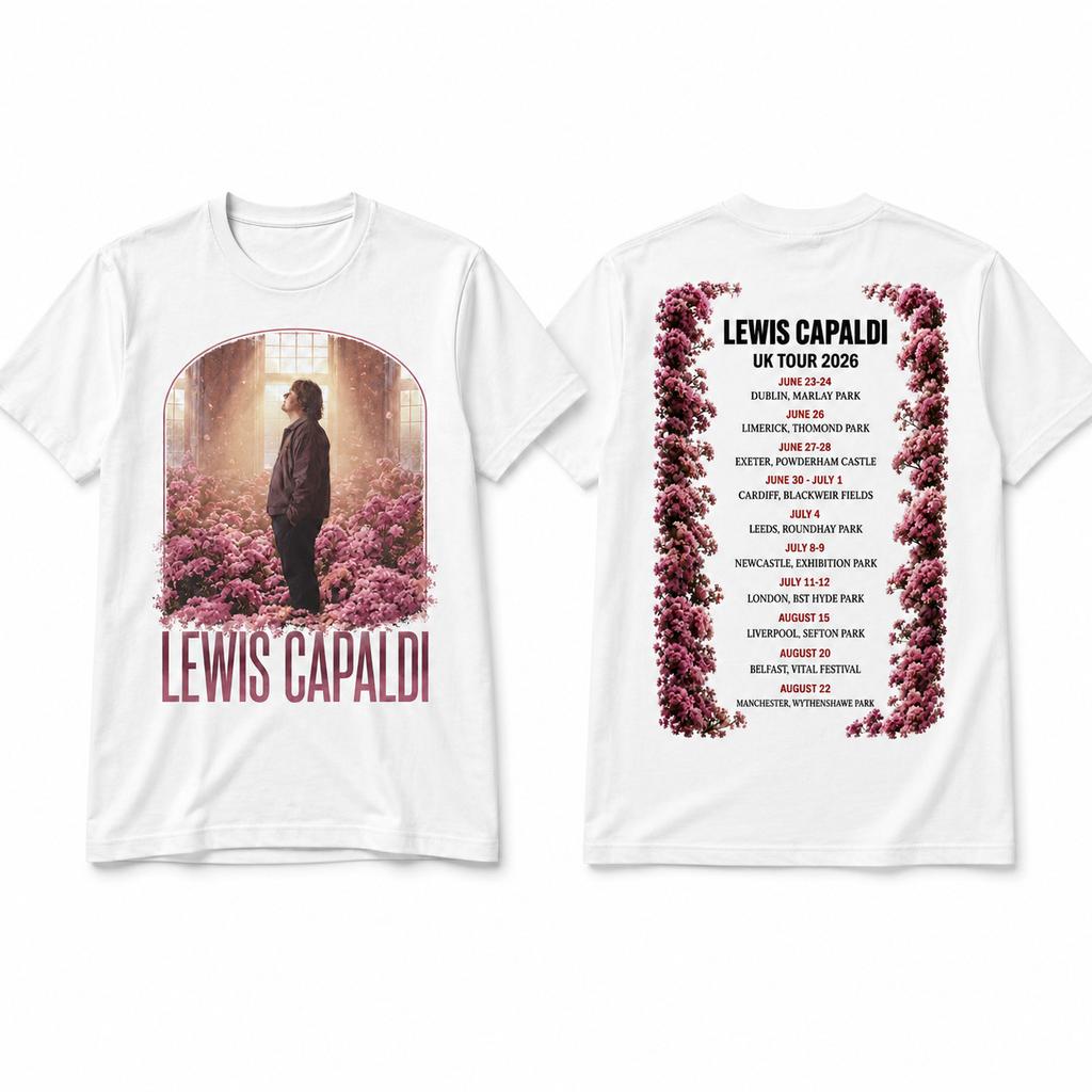 Lewis Capaldi UK Tour 2026 T-Shirt Weiß Vorder- und Rückseite Druck Größen S5XL Konzert