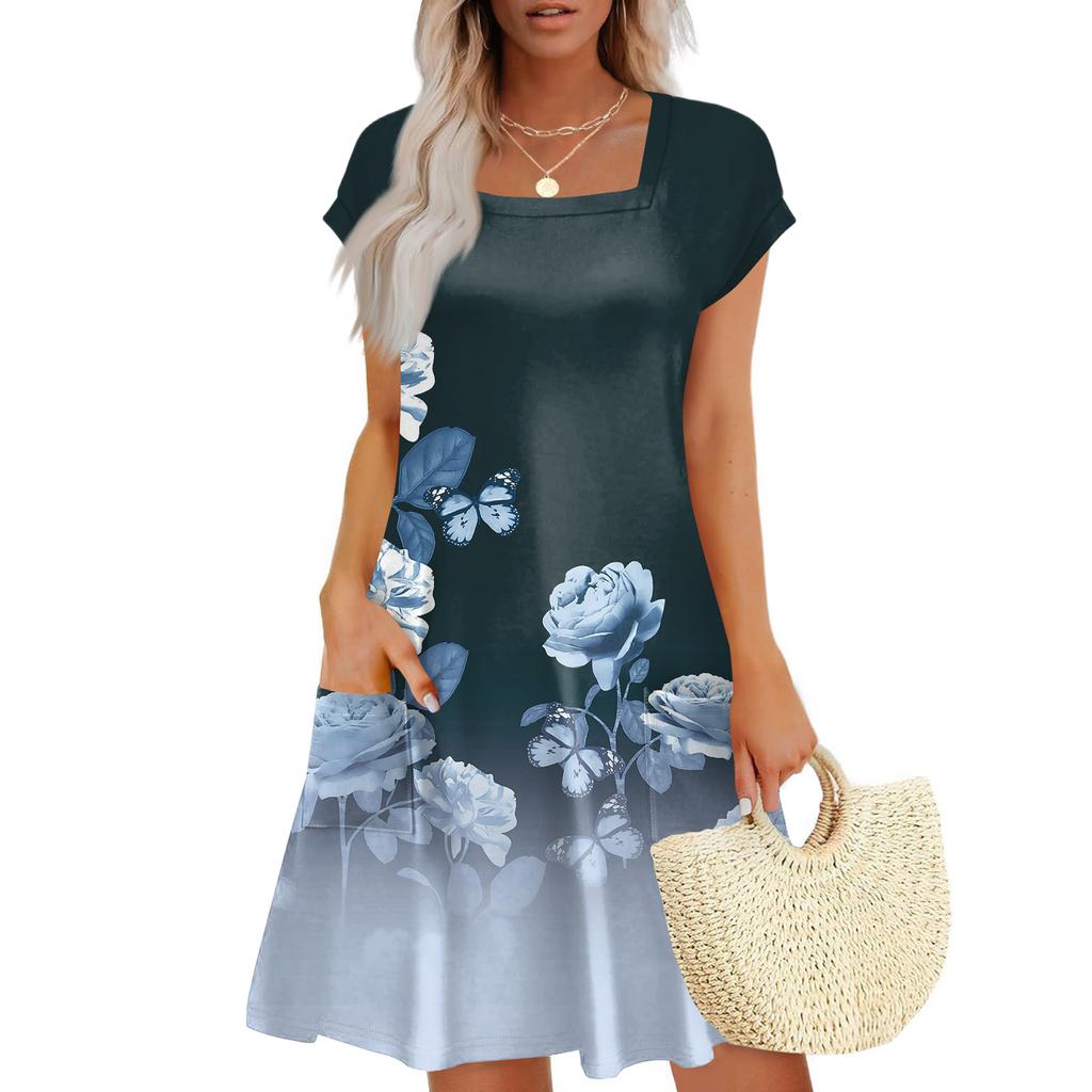 Summer Dresses For Women Loose Square Neck Cap Sleeve Casual Beach Vacation Tshirt Dress Sundresses With Pockets