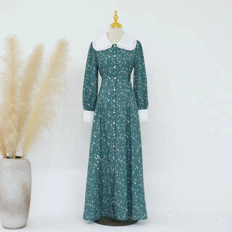 

Fashion Style New Arrival Middle East Print Dress Lace up Peter Pan Collar Long Dress Printed Lace up Dress Print XS/S