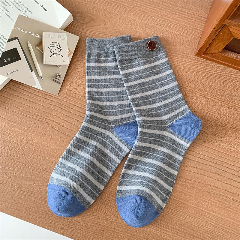 Ladies Spring and Autumn Retro Stripes Color Bump Buttons in The Tube Stack Socks