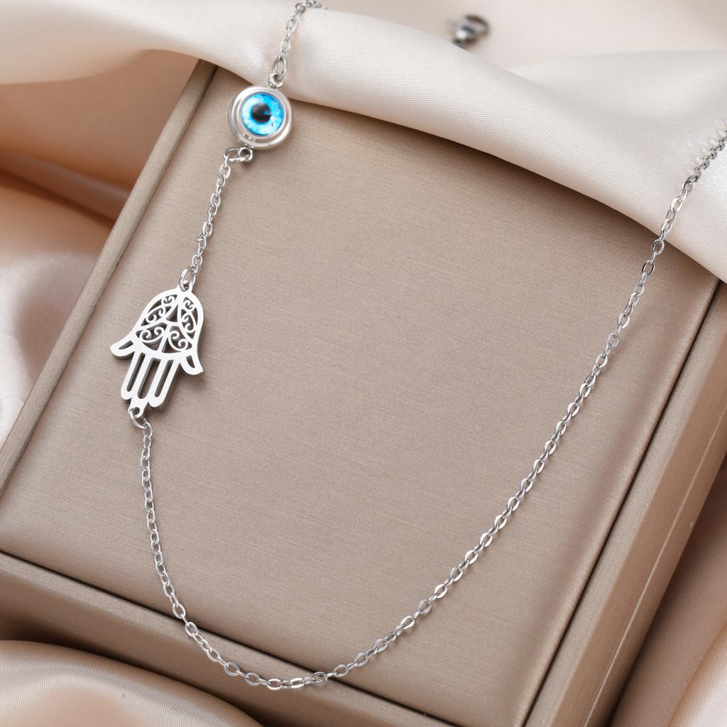 Blue Evil Eye Hamsa Fatima Hand Pendant Necklace Stainless Steel Gold Chains Amulet Lucky Jewelry Gift for Women