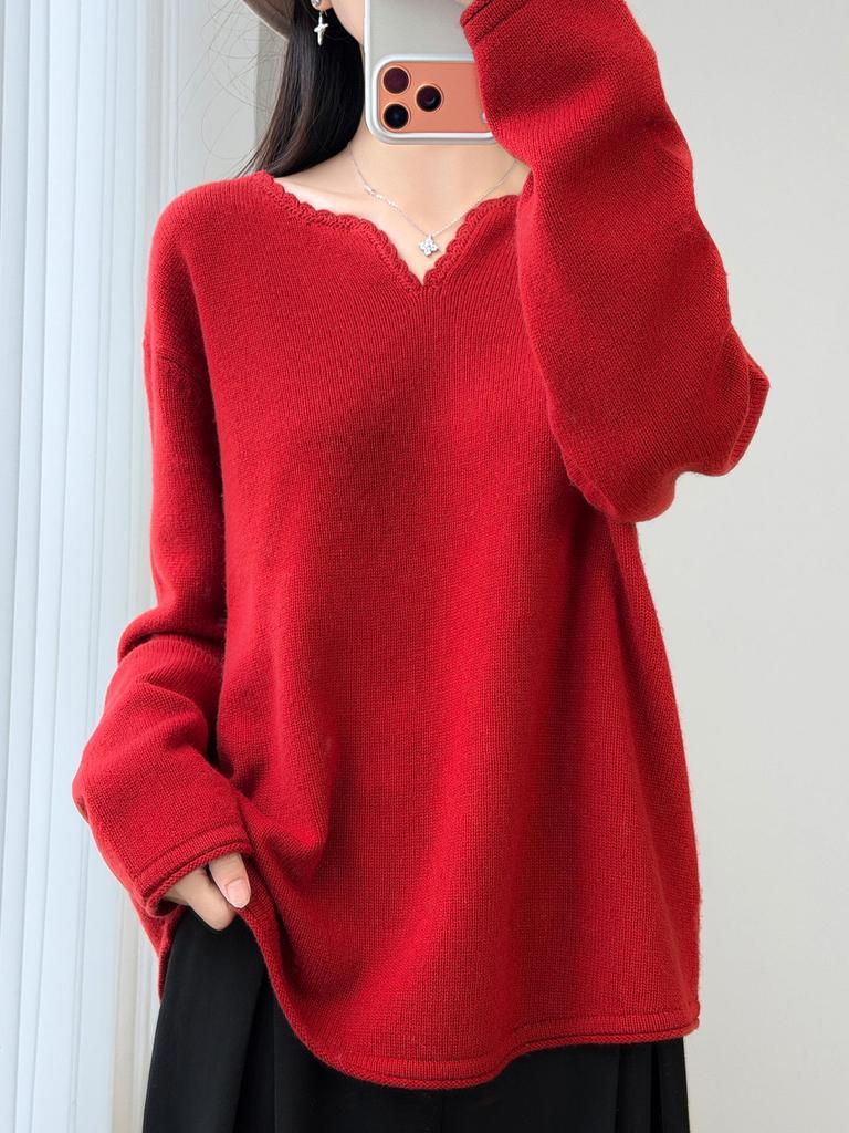 Women's Plus Size Wool Lace V-Neck Base Layer Sweater - Loose Fit for Autumn/Winter