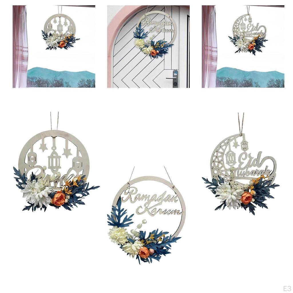 Eid Ramadan Mubarak Wreath Artificial AL Fitr 30cm Wooden Hanging Sign for Porch