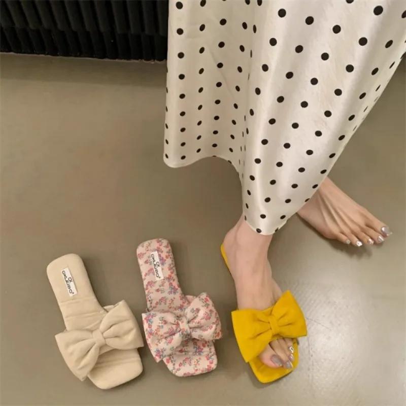 Fashion Women's Fashion Slippers Square Toe Butterfly-knot Flat Sole Women's Shoes Dress Outdoor Korean Style Summer Zapatillas De Mujer
