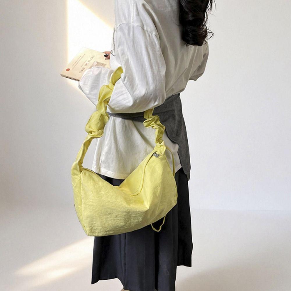 Solid Color Pleated Shoulder Bag Lightweight Canvas Dumpling Bag Nylon Crossbody Bag Ladies/Girls