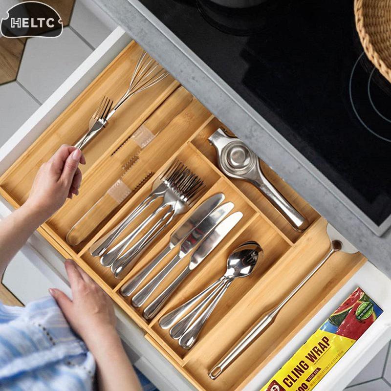 Verstellbarer erweiterbarer Bambus-Schubladenorganizer für Küche, Schlafzimmer oder Wohnzimmer - Ideal für die Organisation von Besteck, Tafelgeschirr & Messern
