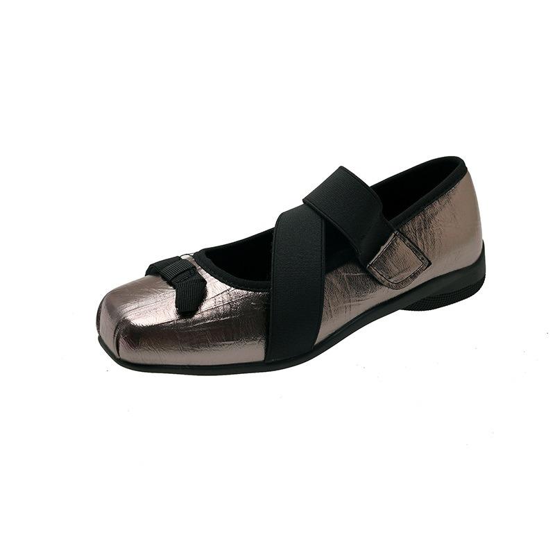 Handmade leather square head bow ballet Mary Jane shoes women's cross strap color matching low heel single shoes women's shoes silver