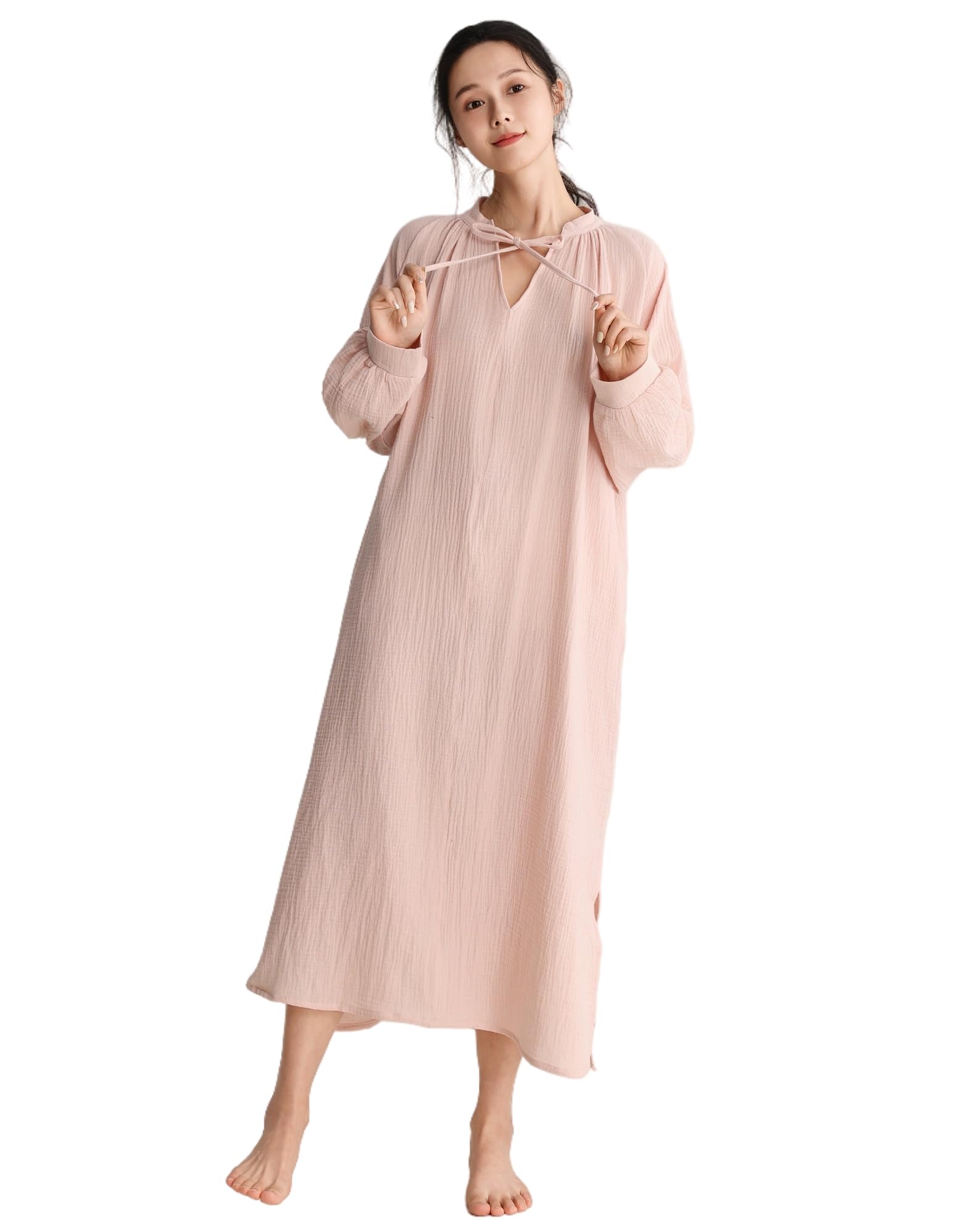

Long Sleeve Lounge Double Long Loose Plus Fits and Hospital Solid Pink [House Yayoi] Dress, Fall/Winter, Gauze, Cotton, Length, Fit, Sizes, V-Neck,