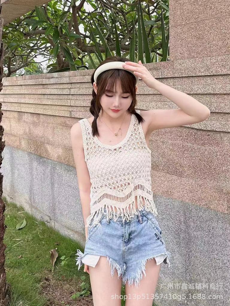 Summer Spice Girl Design Sense Crochet Hollow Suspender Women's Knitted Vest Vest Outside Sleeveless Blouse Top