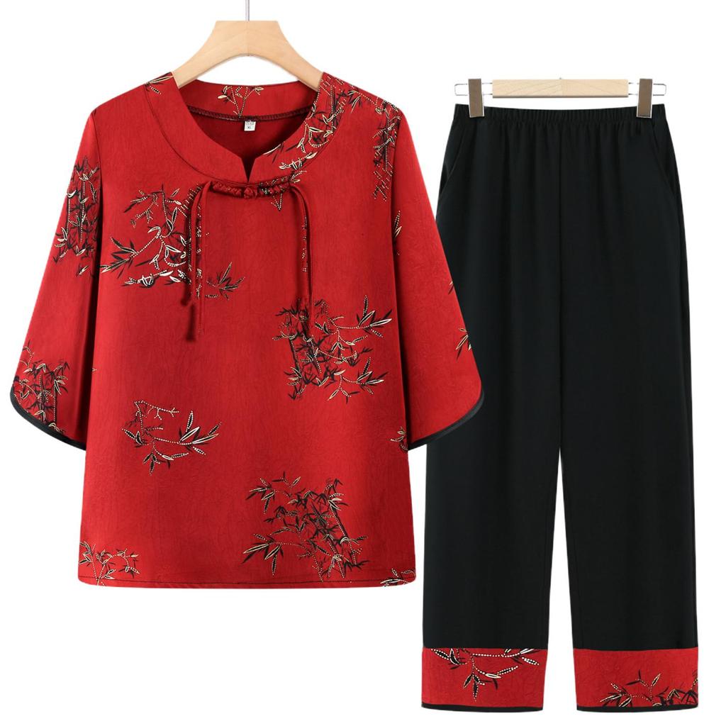 Chic Summer Two-Piece Set: Short-Sleeved Chinese Style for Middle-Aged and Elderly Women