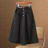 2024 Women's Elastic High Waist A-line Midi Skirt - Versatile Three-Button Casual Fashion