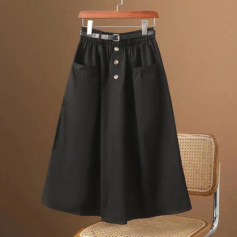 2024 Women's Elastic High Waist A-line Midi Skirt - Versatile Three-Button Casual Fashion