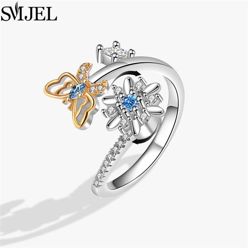 Luxury Anti Stress Anxiety Rings Fidget Spinner Ring Adjustable for Women Cute Flower Cat Starfish Ring Rotating Freely Jewelry