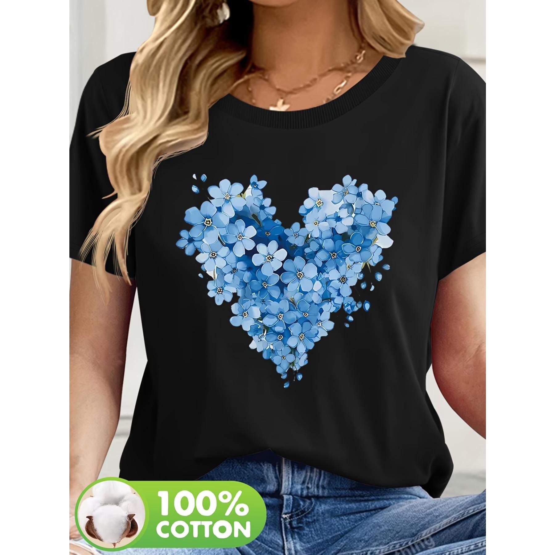 

Женская футболка с принтом сердца - Синий цветочный дизайн, Повседневная футболка с круглым вырезом и коротким рукавом, Дышащая и пригодная для машинной стирки для весны/лета S чёрный