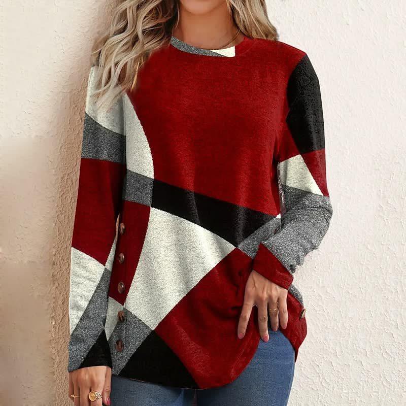 Button Up Geometric Clash Long Sleeve Print Loose T-shirt Women's Top