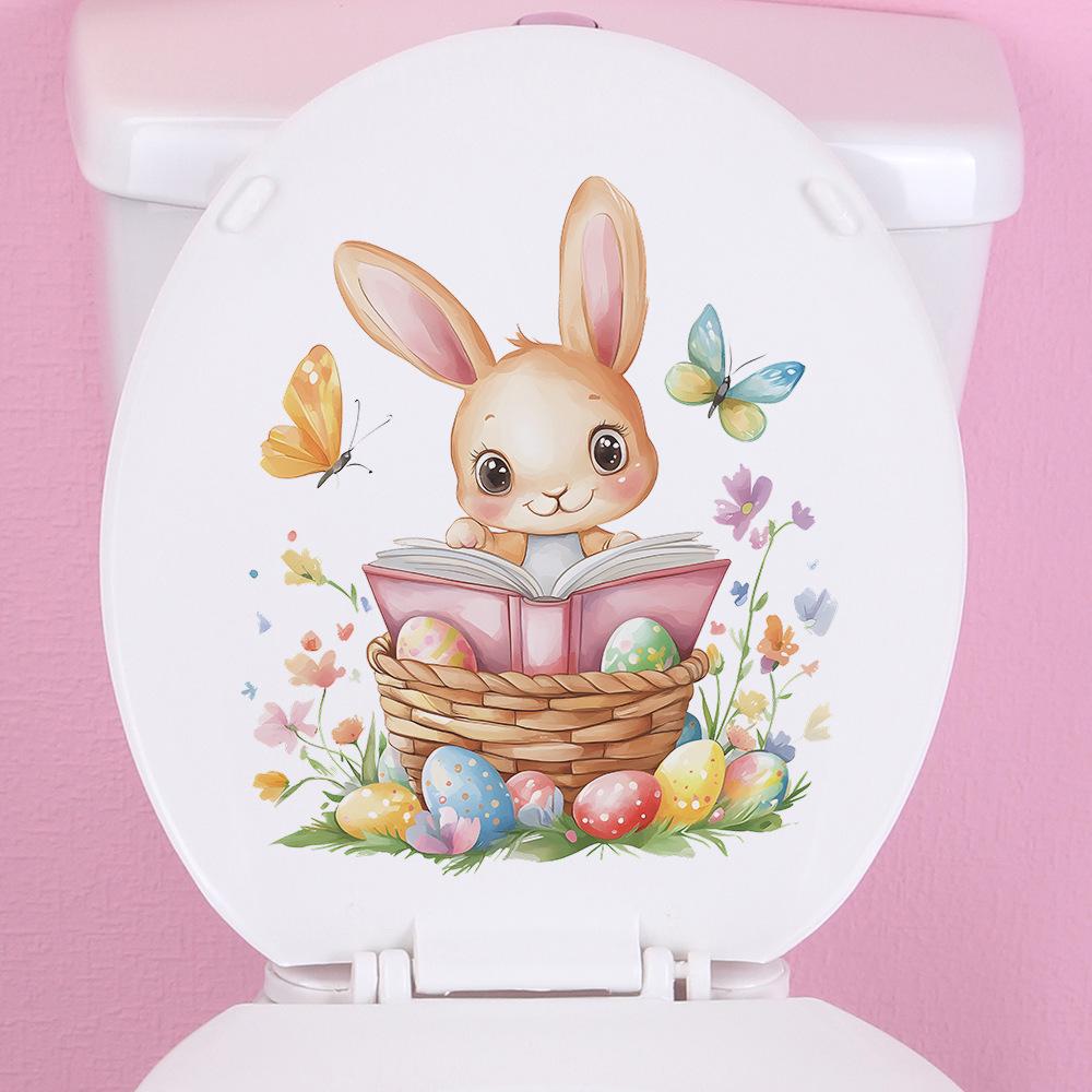 Easter Bunny, Butterflies and Colorful Eggs Toilet Seat Sticker Bathroom Decor Removable Waterproof Decal