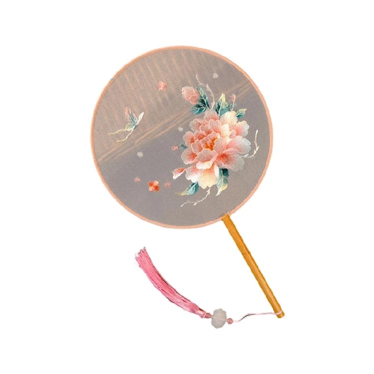 Vintaged Styles Silk Embroidery Round Fan Chinese Dance Fan For Photography And Cultural Activities