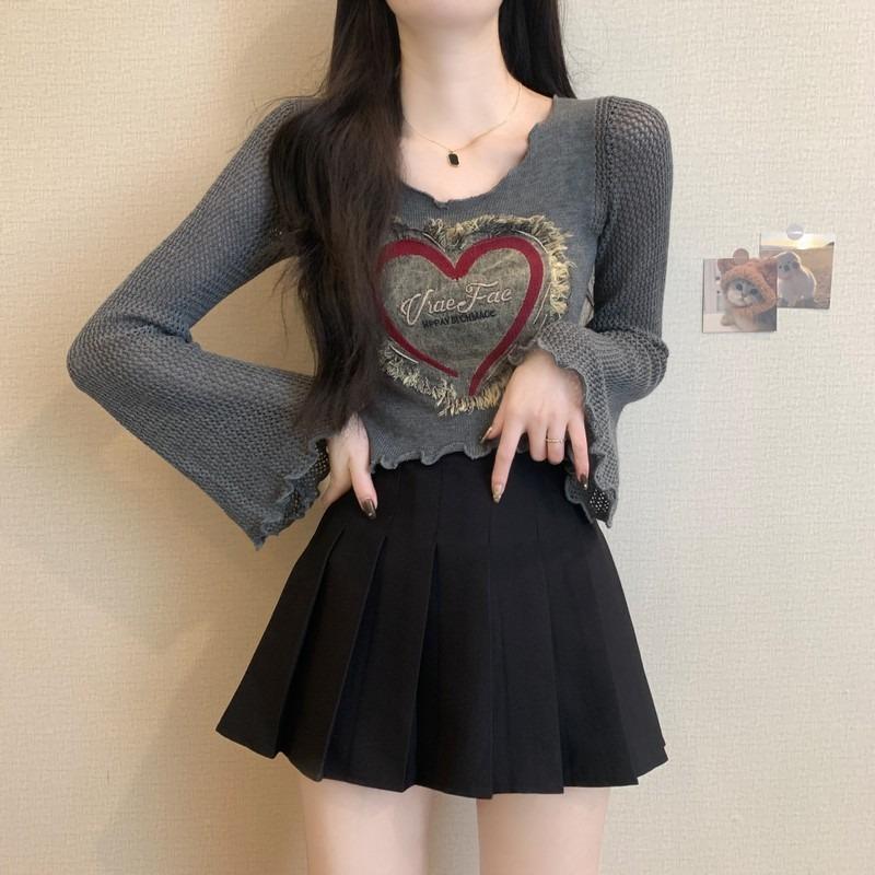 

Весна Осень Женский Шикарный Ажурный Рукав Fare Джинсовый Вязаный Свитер Сердце Короткий Пуловер Топы Для Девочки One Size серый