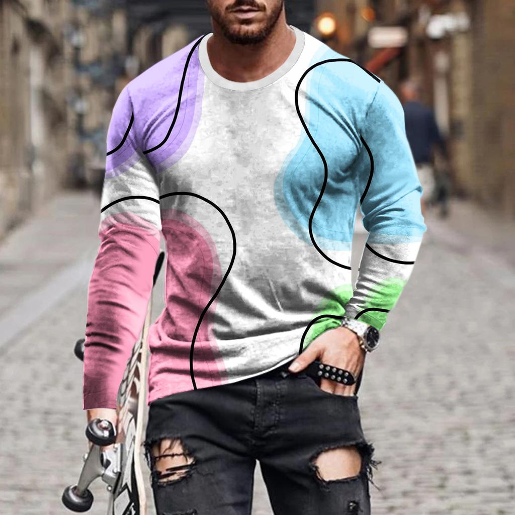 Vintage Enkel Enfärgad 3d-tryck Sommar Herr Rundhals T-shirt Ledig Långärmad Oversize Pullover Mode Herrkläder