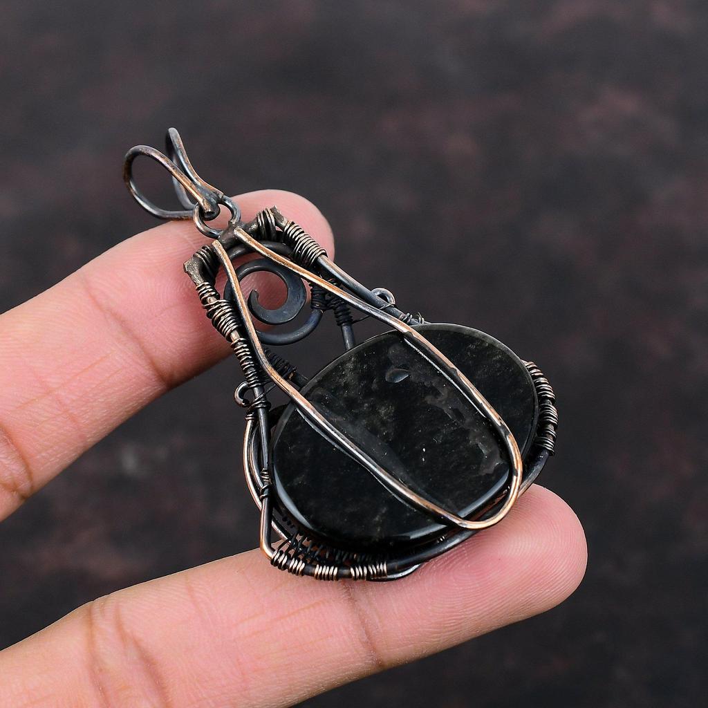 Silver Sheen Obsidian Pendant Copper Wire Wrapped Pendant Handmade Jewelry Gemstone Pendant Brand New Pendant Copper Jewelry Gift For Mother