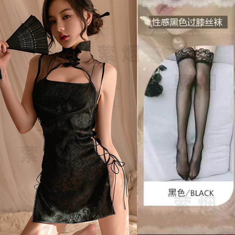 Sex underwear women's retro style sexy cheongsam uniform side open strap perspective role-playing free suit
