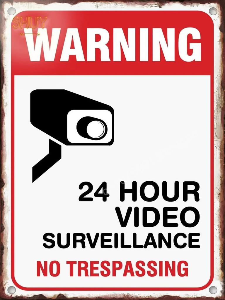 Retro Metal Tin Sign S Warning Red 24 Hour Video Surveillance Custom Painting Picture for Shop Bar Cafe English &Spanish Word