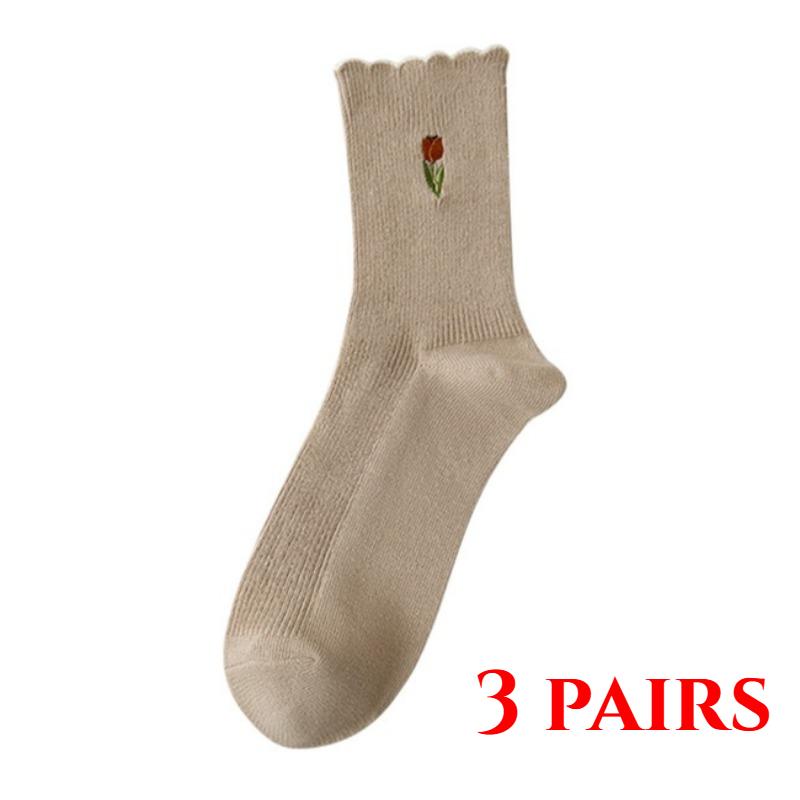3 Pairs of Women's Socks Set Spring and Summer Thin Breathable Ruffle Edge Socks All Cotton Cute Women's White Printed Socks