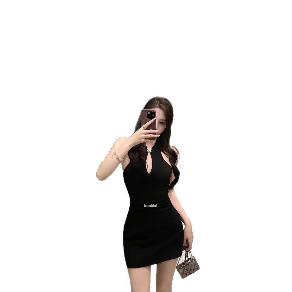 Elegant Black Backless Halter Qipao Dress - Sexy Spring Bodycon