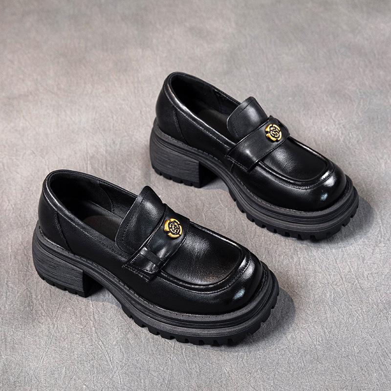 

[Heavy Industry] First-layer cowhide loafers for women s 2025 autumn new leather retro one-pedal small leather shoes for women 35