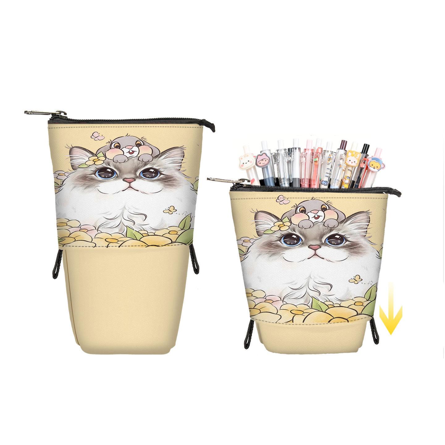 

Standing Pencil Case Cat Print Telescopic Stand up Pen Holder Cartoon Portable Makeup Bag for School Cosmetics Gift Supply